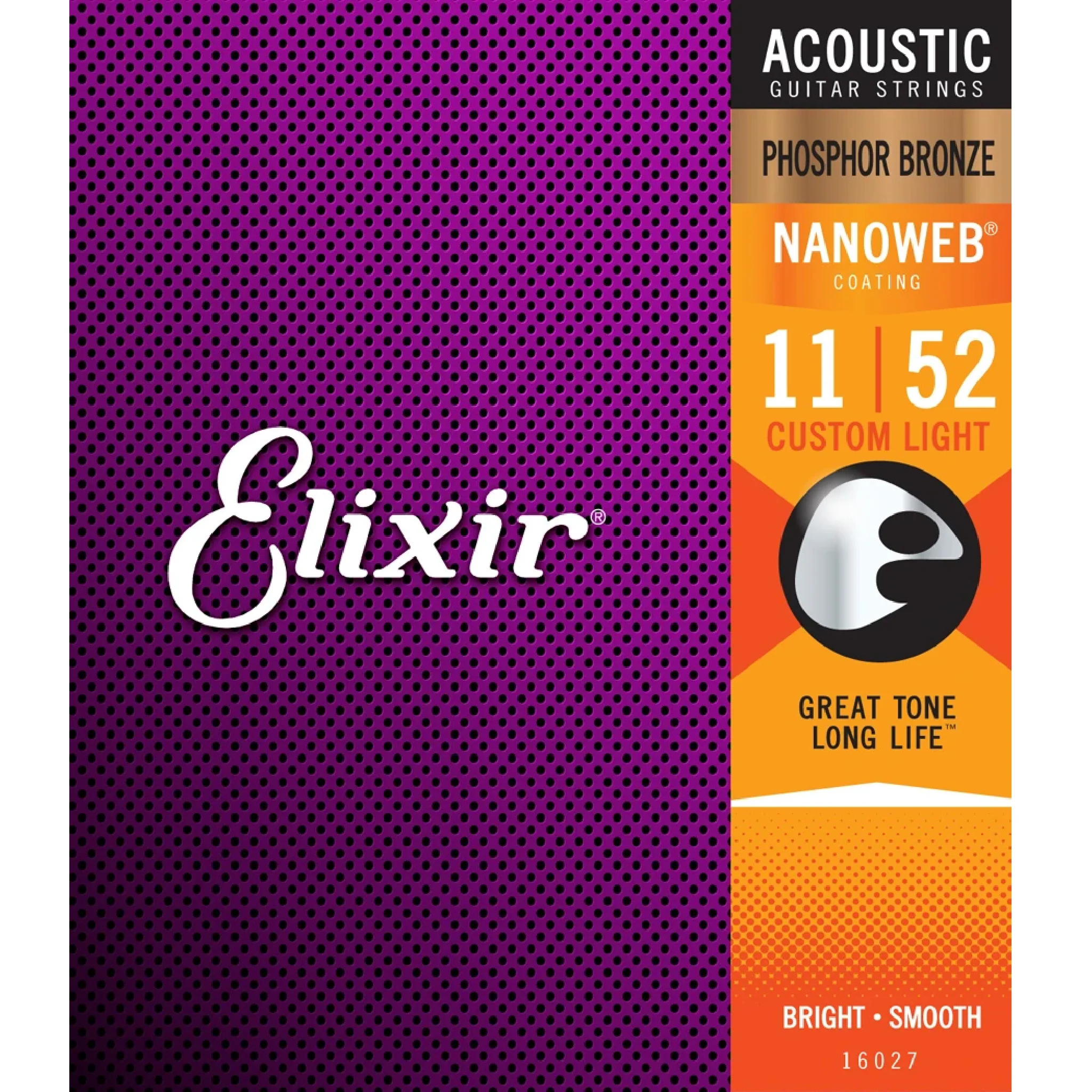 Elixir 16027 NANOWEB Phosphor Bronze Acoustic Guitar Strings Custom Light 11-52