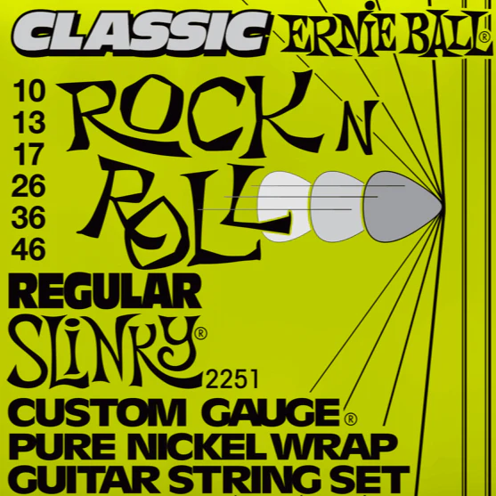 Ernie Ball 2251 Regular Slinky Classic Rock N Roll Pure Nickel Wrap Electric Guitar Strings 10-46 Gauge
