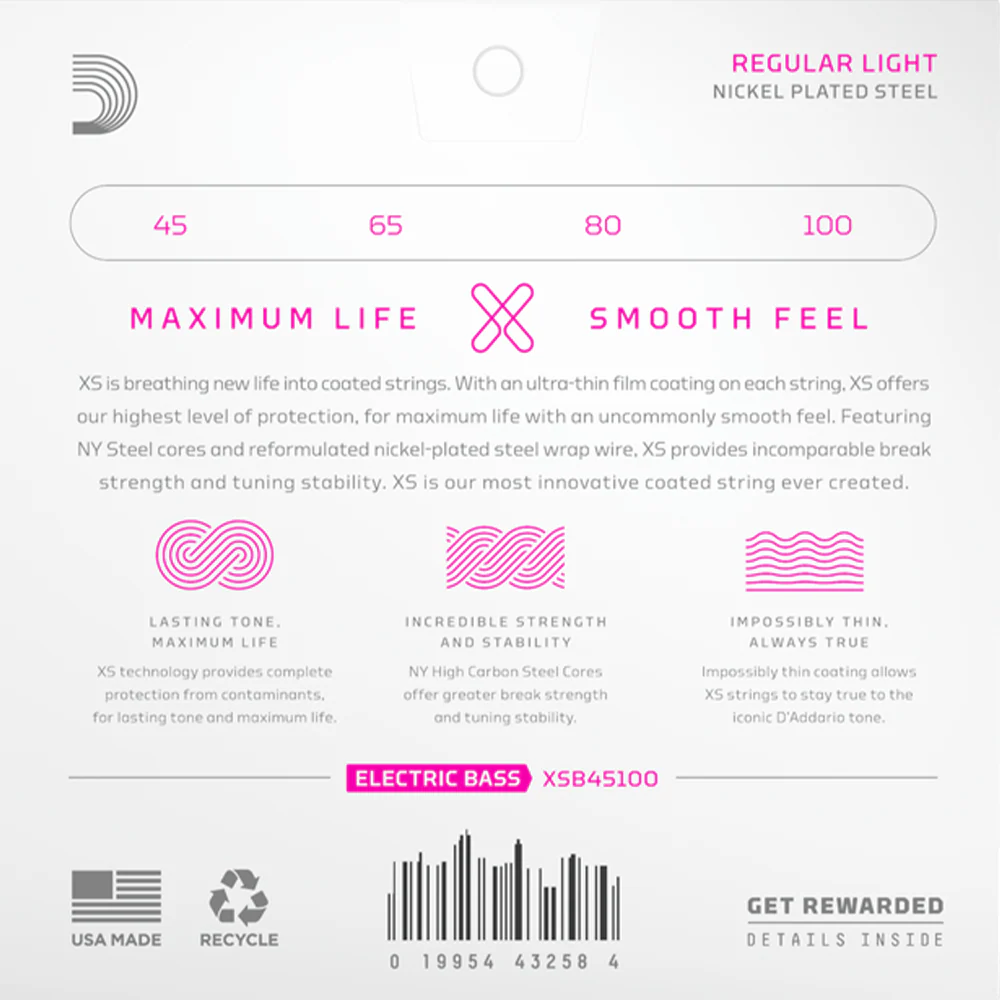 D'addario XSB45100 XS Regular Light, Coated Nickel Bass String Set, Long Scale, 45-100 - Image 2