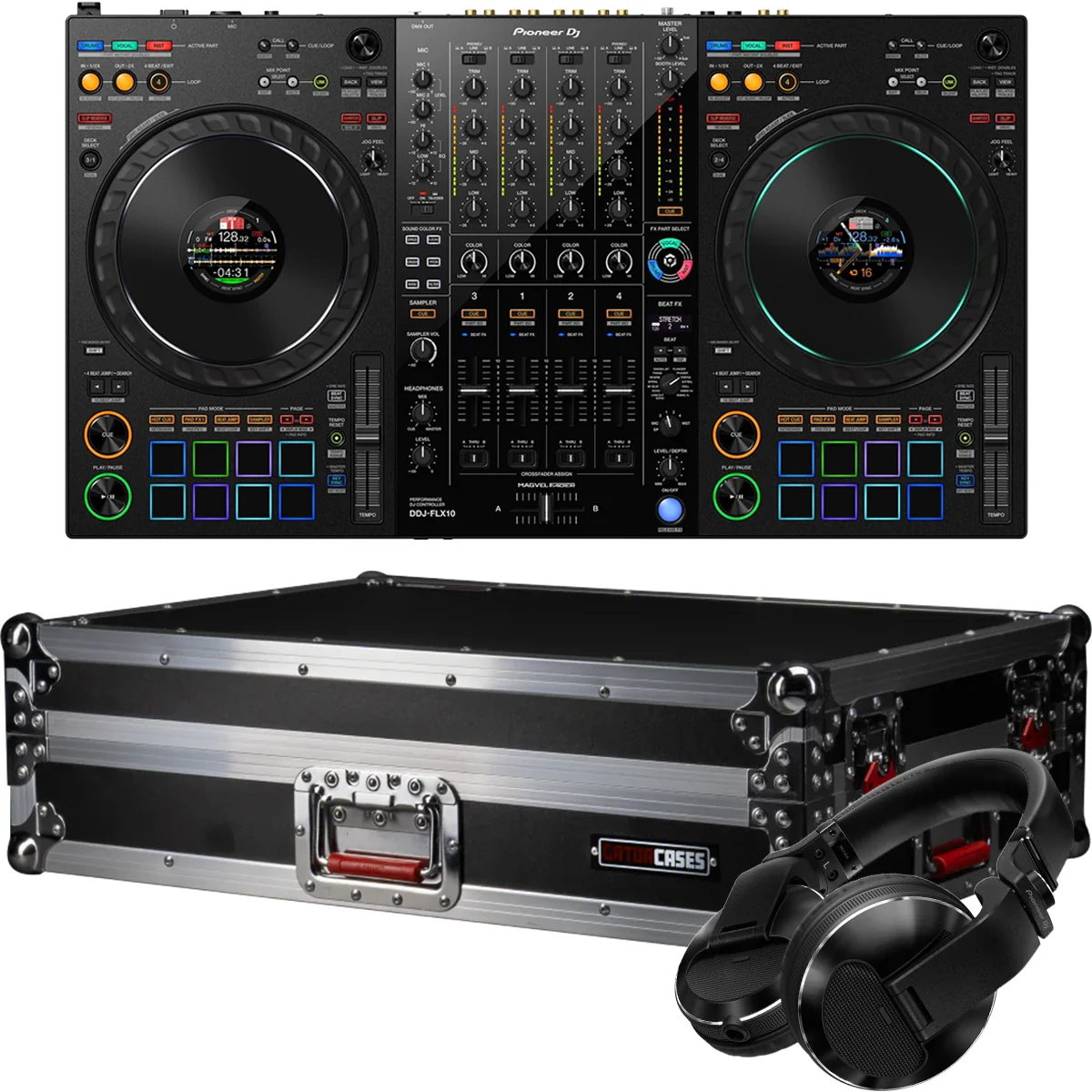 Pioneer DDJ-FLX10 DJ Controller & Gator GTOURFLX10 Flight Case & Pioneer HDJ-X10-K Professional Over-Ear DJ Headphone Bundle