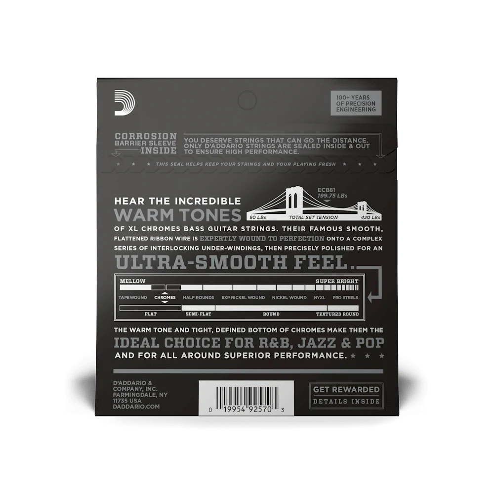D'Addario ECB81 Chromes Bass Guitar Strings, Light, 45-100, Long Scale Flat Wound - Image 2