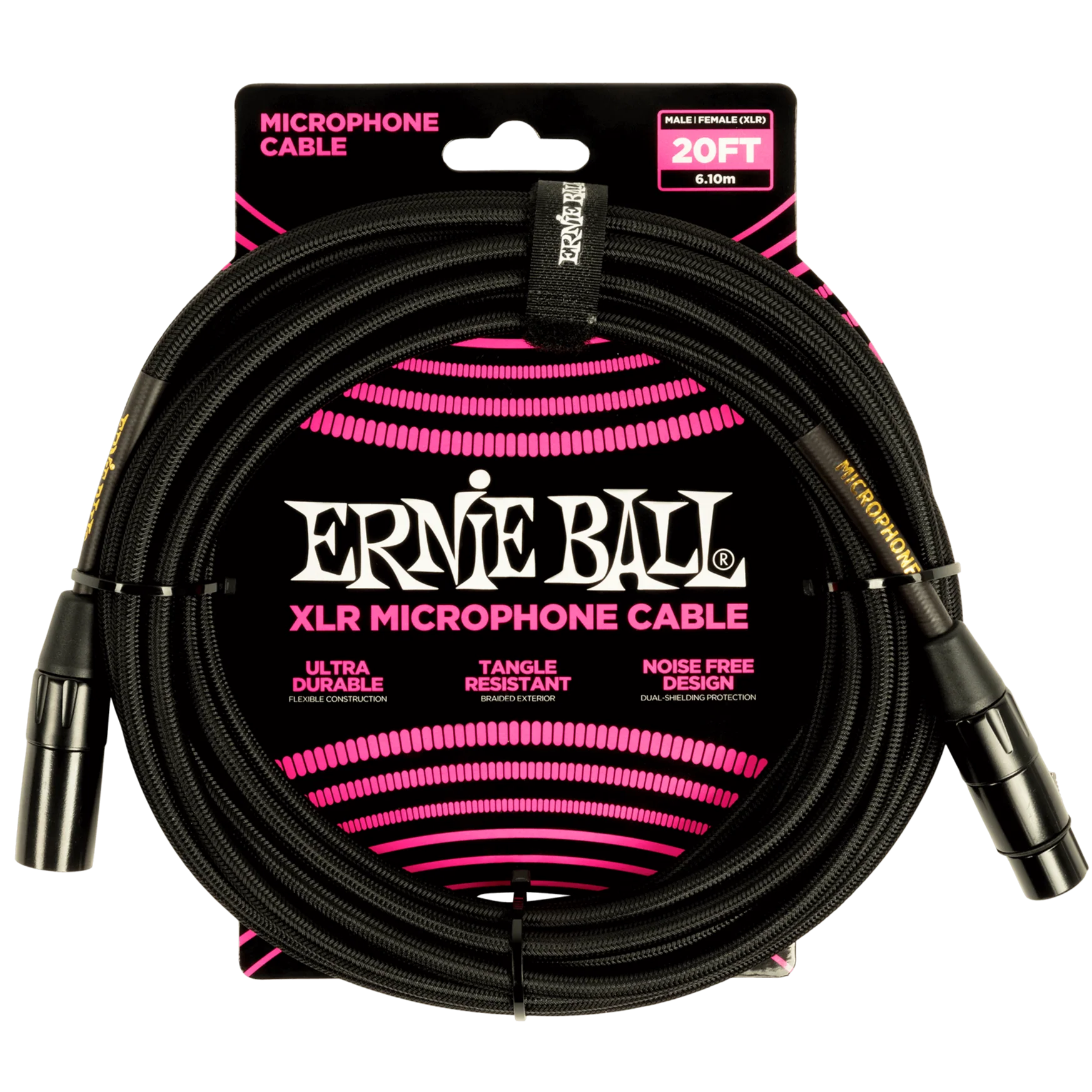 Ernie Ball P06392 20' Braided XLR Mic Cable, XLRF to XLRM, Black