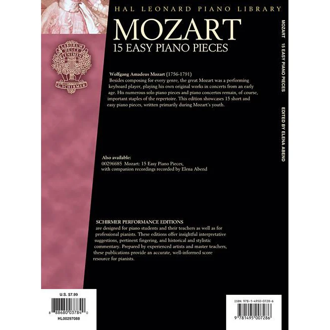 Hal Leonard HL00297088 Mozart 15 Easy Piano Pieces Schirmer Performance - Image 2