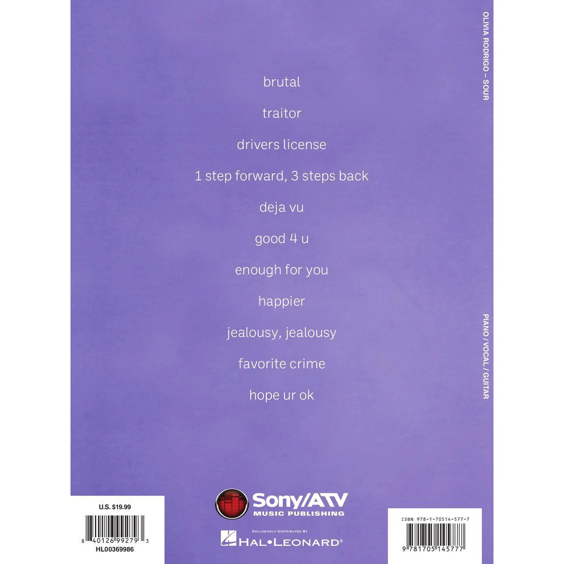 Hal Leonard HL00369986 Olivia Rodrigo – Sour Piano-Vocal-Guitar Artist Songbook - Image 2