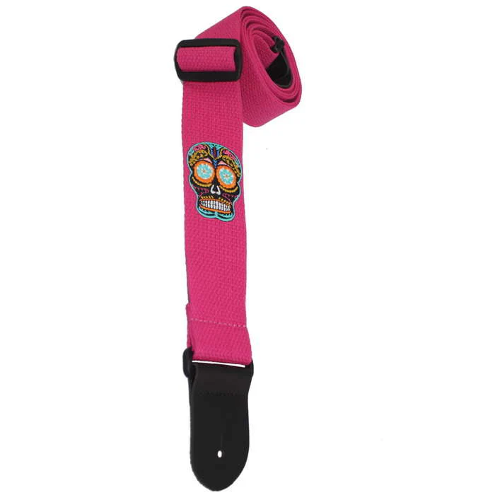 Henry Heller HCOT2ESS-FUS 2" Woven Cotton Strap w/ Top Grain Leather Ends, Sugar Skull, Fuscia
