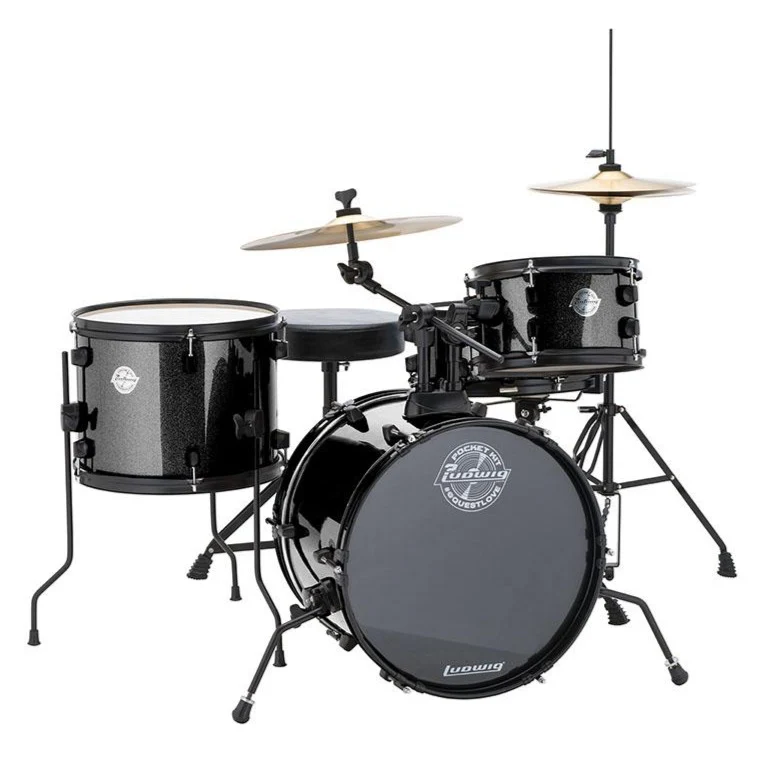 Ludwig LC178X016 Pocket Kit by Questlove, 4pc Full Kit w/ Hardware & Cymbals, 16, 10, 13, 12s - Black Sparkle