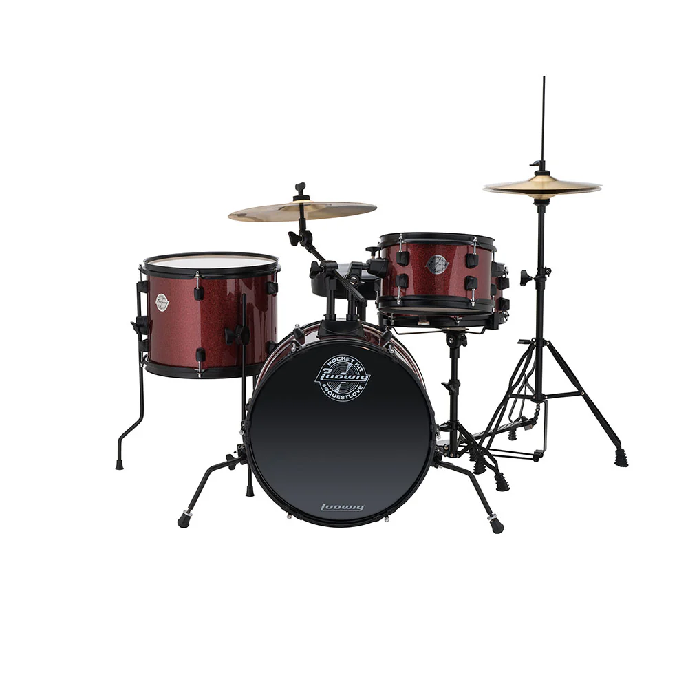 Ludwig LC178X025 Pocket Kit by Questlove, 4pc Full Kit w/ Hardware & Cymbals, 16, 10, 13, 12s - Wine Red Sparkle - Image 2