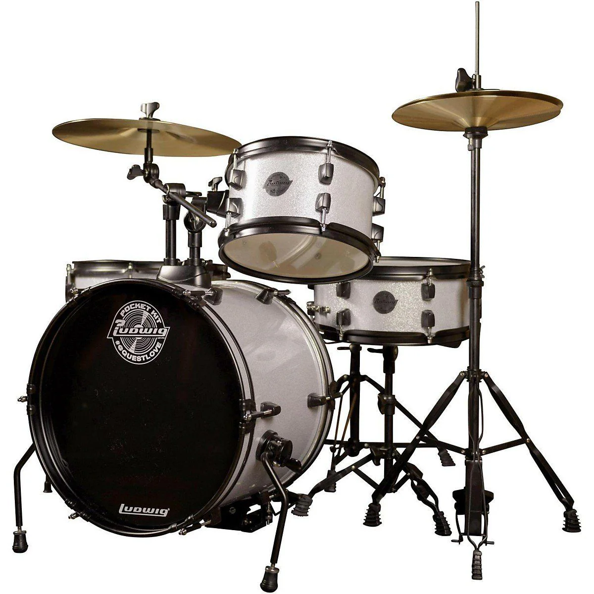 Ludwig LC178X029 Pocket Kit by Questlove, 4pc Full Kit w/ Hardware & Cymbals, 16, 10, 13, 12s - White Sparkle