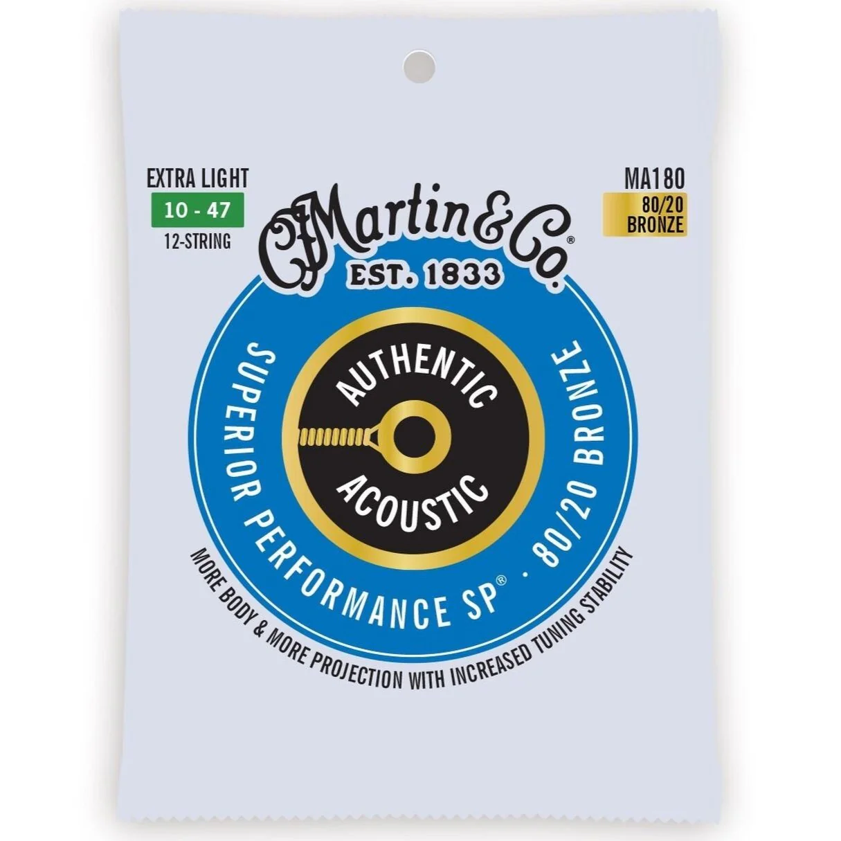 Martin MA180 12-String SP Authentic 80/20 Extra Light Guitar Strings, 10-47