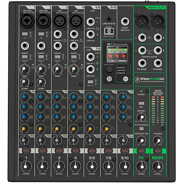Mackie PROFX10GO 10-Channel Mixer, Battery Powered, w/ Enhanced FX, USB Recording Modes, and Bluetooth