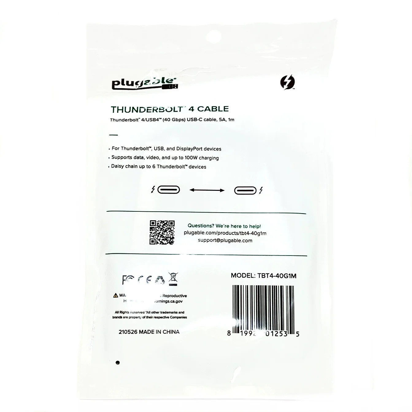 Plugable TBT4-40G1M Thunderbolt 4 Cable [Certified] - 40GBPS, 100W Charging, 1m (3.2ft), 5A - Image 3