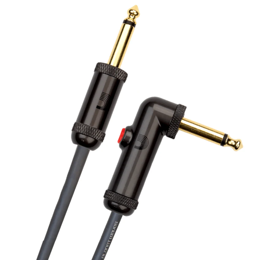 D'Addario PW-AGLRA-10 Circuit Breaker Instrument Cable with Latching Cut-Off Switch, Right Angle Plug, 10 feet